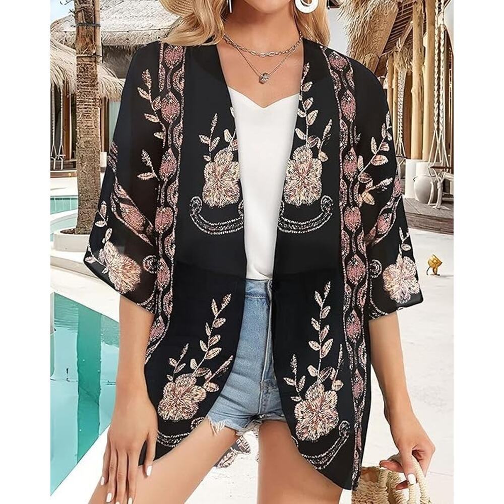NEW Black Gold Women's 3X Floral Print Kimono Cardigan Loose Cover Up Shirt - Picture 2 of 6